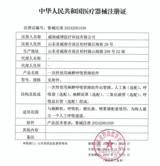 一次性使用麻醉呼吸管路组件获批上市